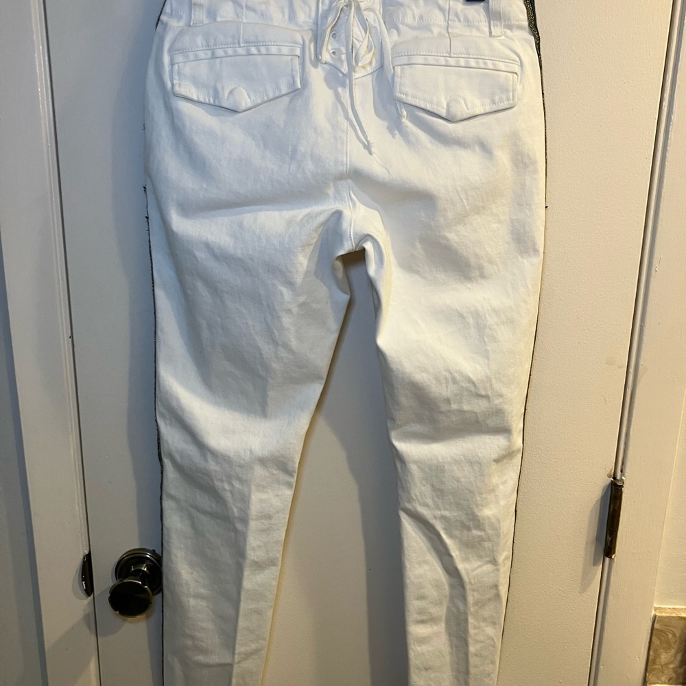 Pam &Gela white pants Navy Gold side stripe fringed bottom sz 27 - Picture 8 of 13